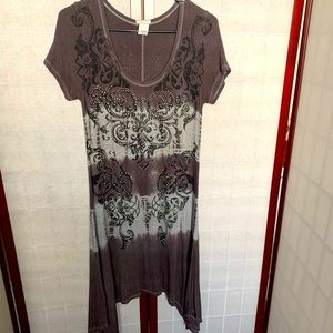 Vintage Alternative Y2K Grey Midi Dress w/ Rhinestones and Gothic Swirls, M